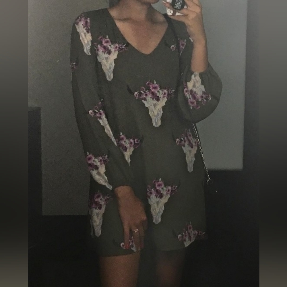 Altar'd State - Olive Green Dress w/ Purple/Pink Floral Skull Print - Picture 10 of 10